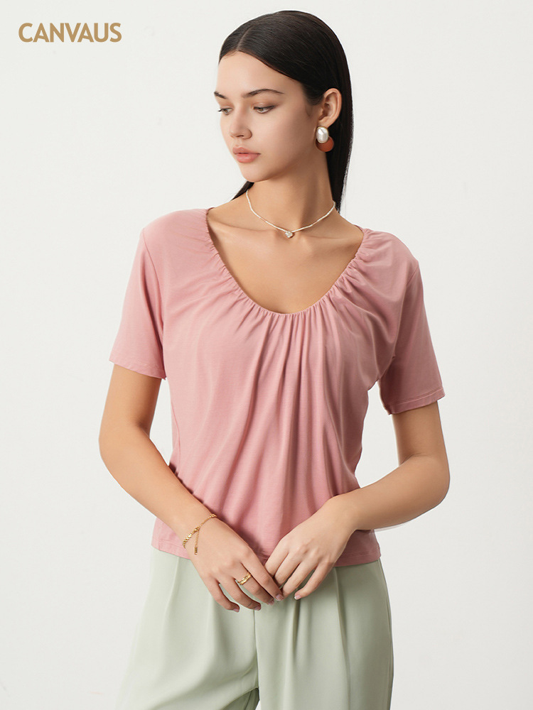 Modal V-Neck Design Pleated Loose Short-Sleeved T-Shirt