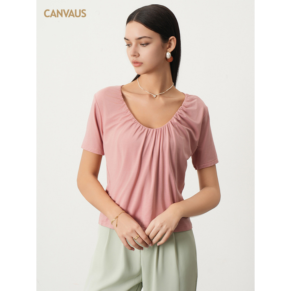 Modal V-Neck Design Pleated Loose Short-Sleeved T-Shirt