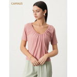 Modal V-Neck Design Pleated Loose Short-Sleeved T-Shirt