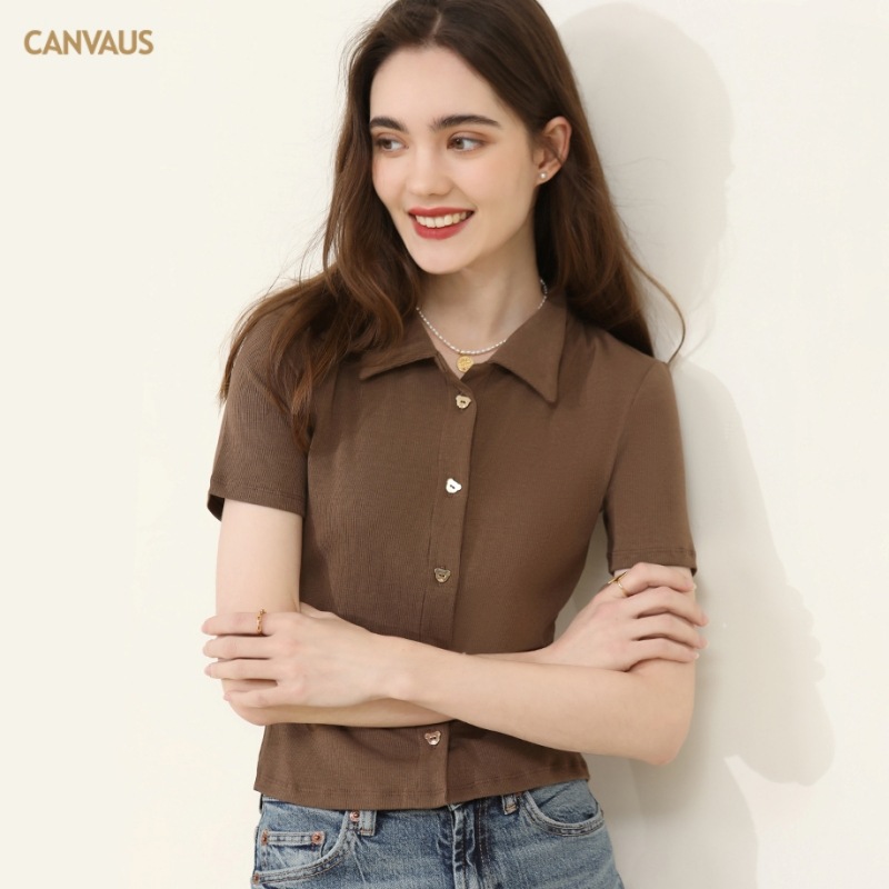New Solid-Color Short Sleeve Polo Shirt for Women