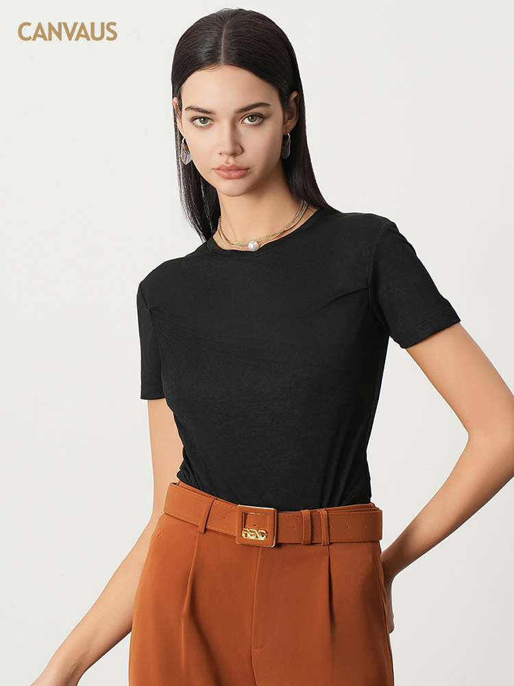New Summer Thin Pleated Top with Straight Shoulder T-Shirt