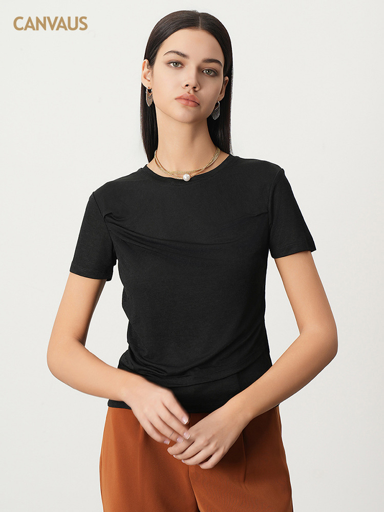New Summer Thin Pleated Top with Straight Shoulder T-Shirt