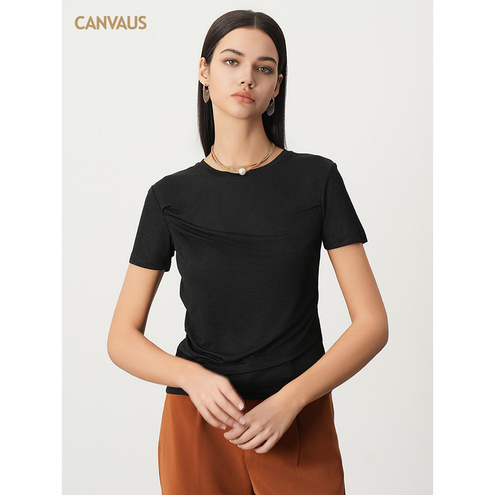 New Summer Thin Pleated Top with Straight Shoulder T-Shirt