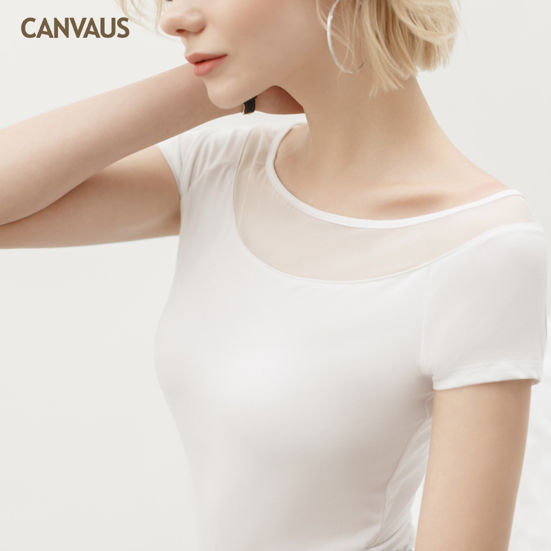 Summer New Modal Patchwork Mesh Sexy Short-Sleeved T-Shirt