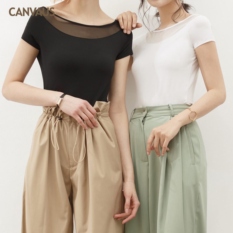 Summer New Modal Patchwork Mesh Sexy Short-Sleeved T-Shirt