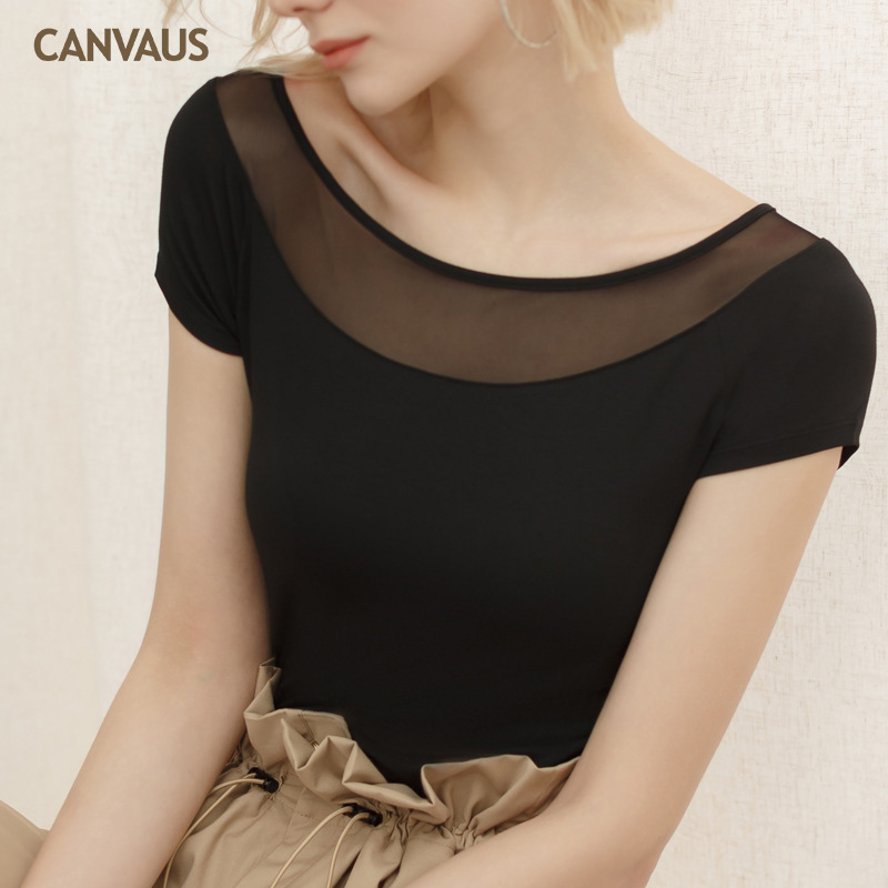 Summer New Modal Patchwork Mesh Sexy Short-Sleeved T-Shirt