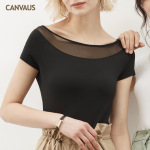 Summer New Modal Patchwork Mesh Sexy Short-Sleeved T-Shirt