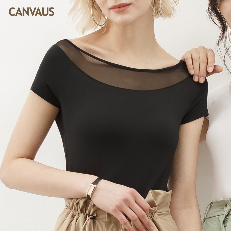 Summer New Modal Patchwork Mesh Sexy Short-Sleeved T-Shirt