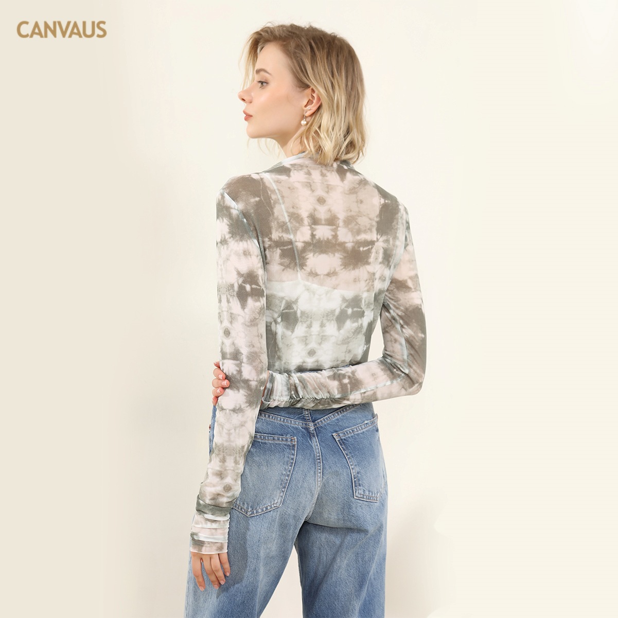 Half-High Collar Tie-Dyed Mesh Long Sleeve Top