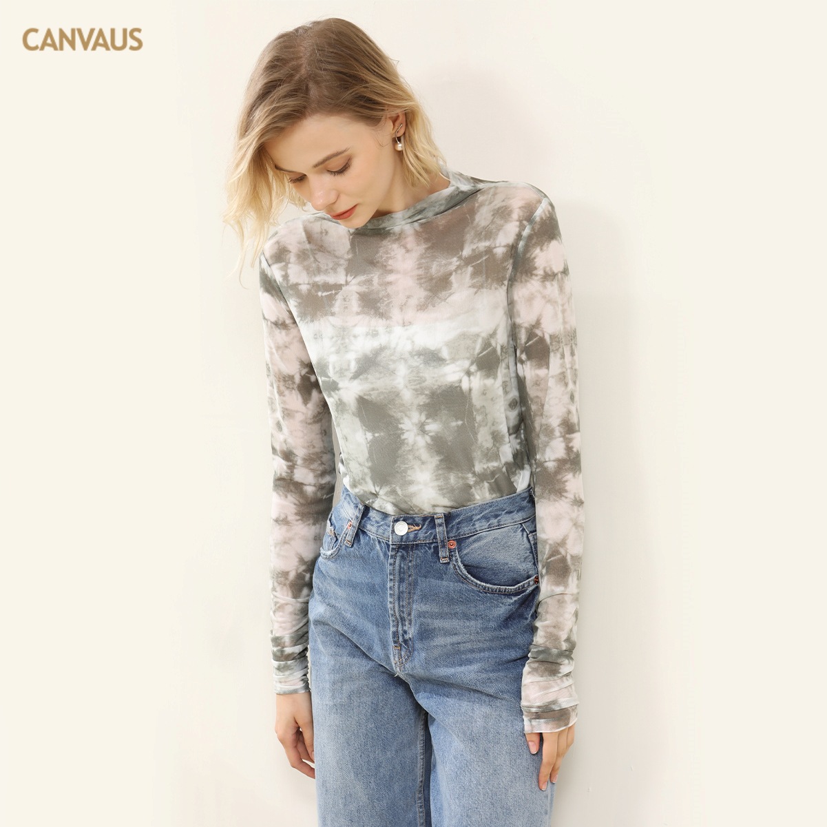 Half-High Collar Tie-Dyed Mesh Long Sleeve Top