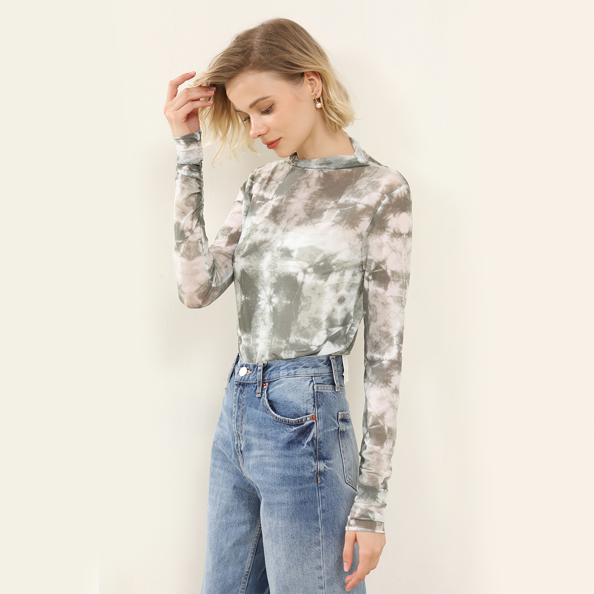 Half-High Collar Tie-Dyed Mesh Long Sleeve Top