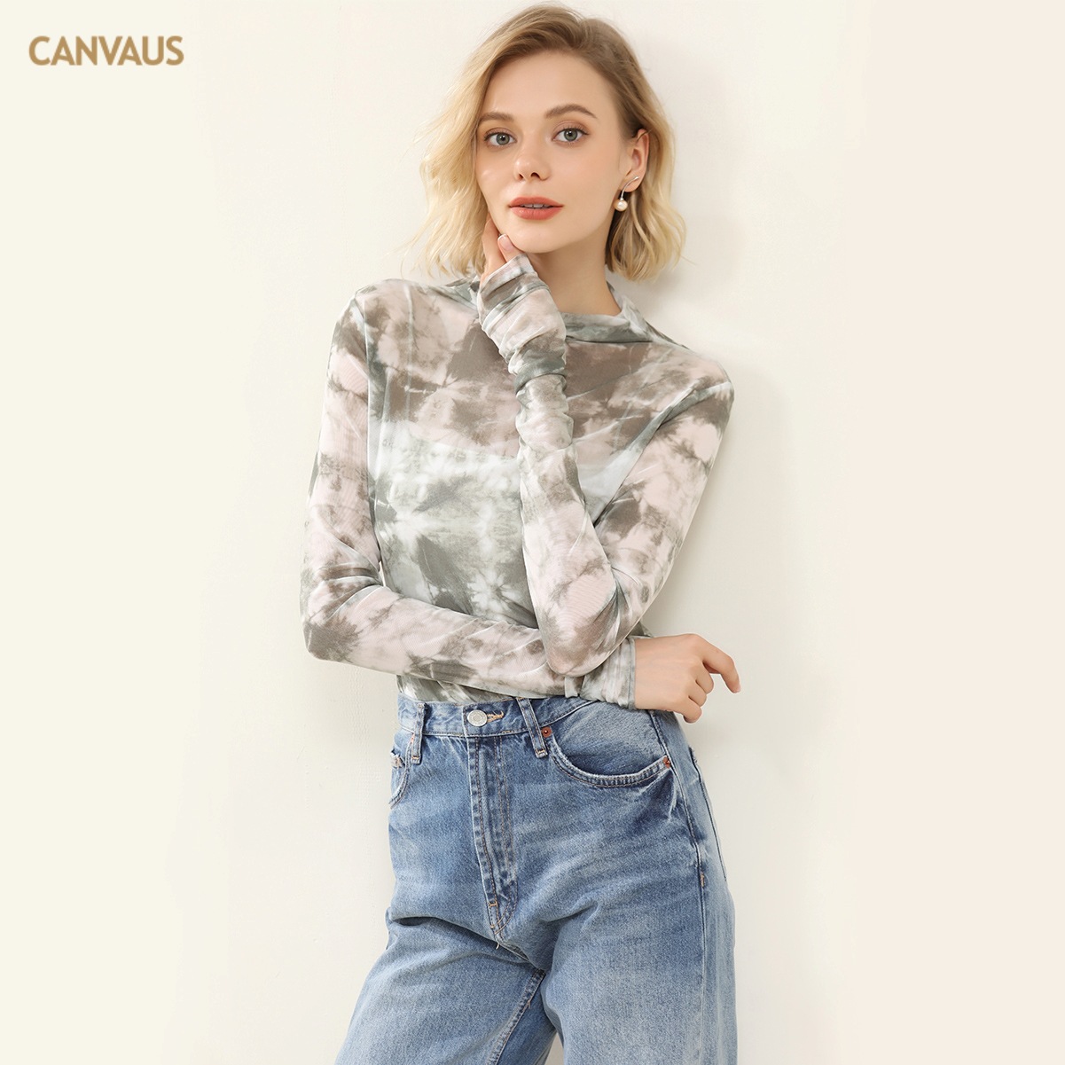 Half-High Collar Tie-Dyed Mesh Long Sleeve Top