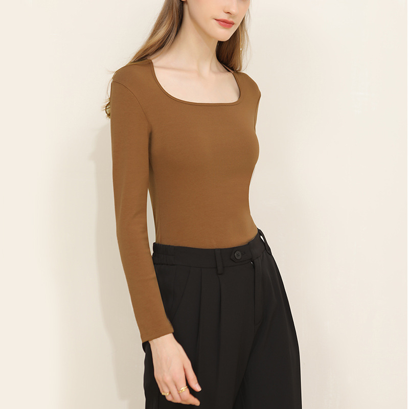 Long-Sleeved Retro Square-Neck Slim-Fit T-Shirt