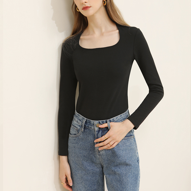 Long-Sleeved Retro Square-Neck Slim-Fit T-Shirt