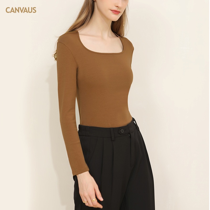 Long-Sleeved Retro Square-Neck Slim-Fit T-Shirt