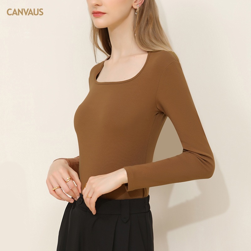 Long-Sleeved Retro Square-Neck Slim-Fit T-Shirt