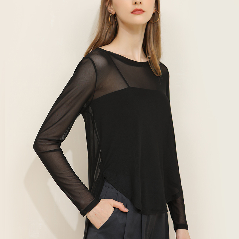 Long-Sleeved Shirt with Round-Neck Mesh Fabric and Cutout