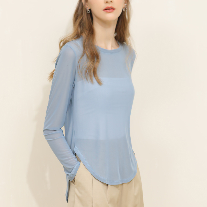 Long-Sleeved Shirt with Round-Neck Mesh Fabric and Cutout