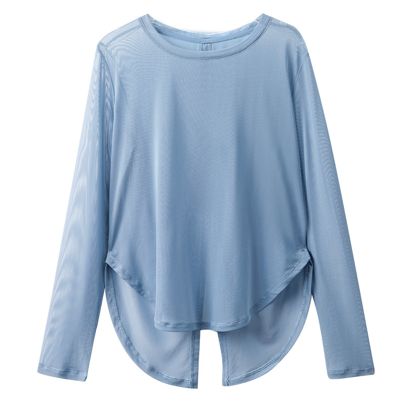 Long-Sleeved Shirt with Round-Neck Mesh Fabric and Cutout