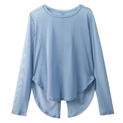 Long-Sleeved Shirt with Round-Neck Mesh Fabric and Cutout 01