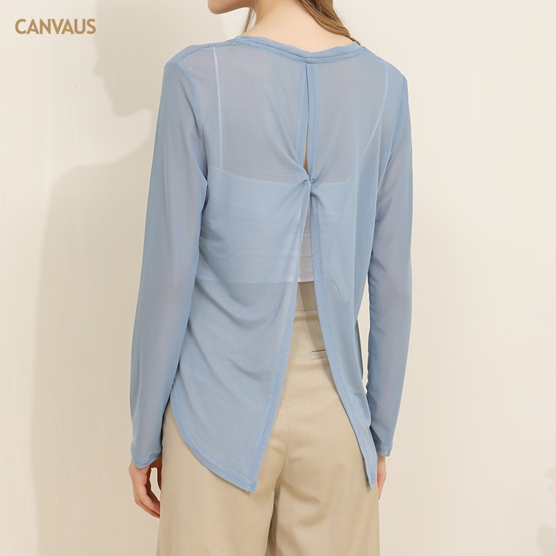 Long-Sleeved Shirt with Round-Neck Mesh Fabric and Cutout