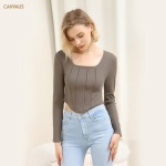 Long-Sleeved Shirt with Square Collar and Exposed Collarbone