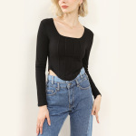 Long-Sleeved Shirt with Square Collar and Exposed Collarbone