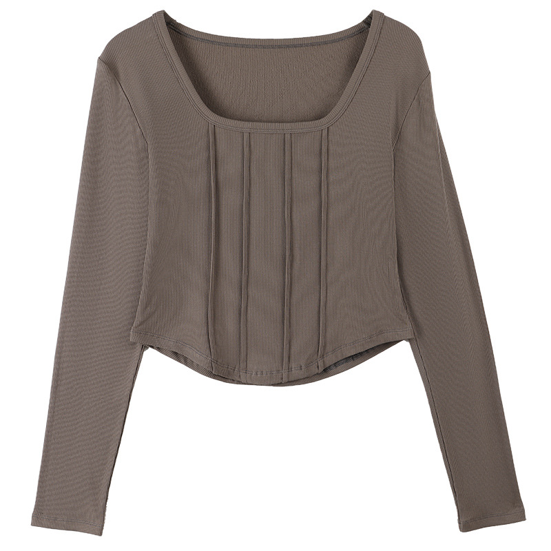 Long-Sleeved Shirt with Square Collar and Exposed Collarbone