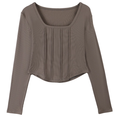 Long-Sleeved Shirt with Square Collar and Exposed Collarbone 01