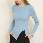 Long-Sleeved T-Shirt with Round Neck Slim Fit and Bottom Slit