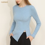 Long-Sleeved T-Shirt with Round Neck Slim Fit and Bottom Slit