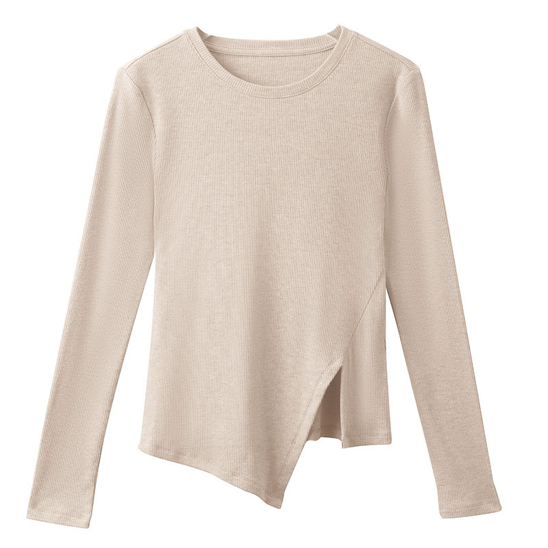 Long-Sleeved T-Shirt with Round Neck Slim Fit and Bottom Slit
