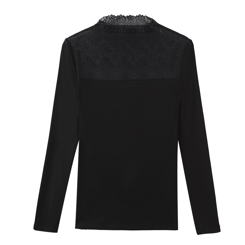New Semi-High Neck Patchwork Long-Sleeved Lace Base Shirt T-Shirt