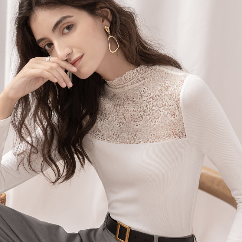 New Semi-High Neck Patchwork Long-Sleeved Lace Base Shirt T-Shirt