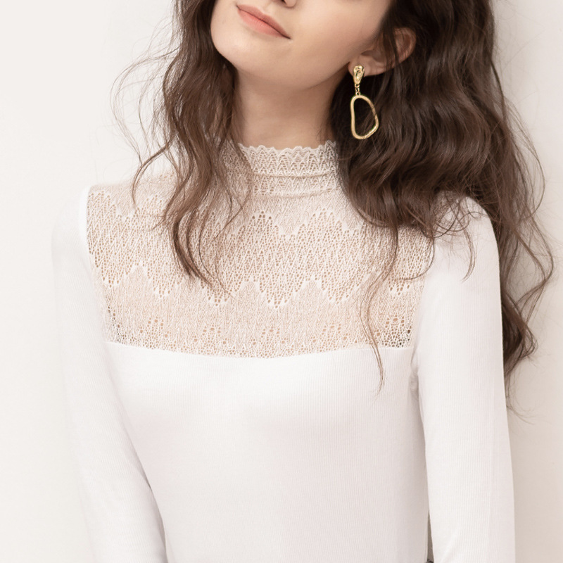 New Semi-High Neck Patchwork Long-Sleeved Lace Base Shirt T-Shirt