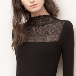 New Semi-High Neck Patchwork Long-Sleeved Lace Base Shirt T-Shirt