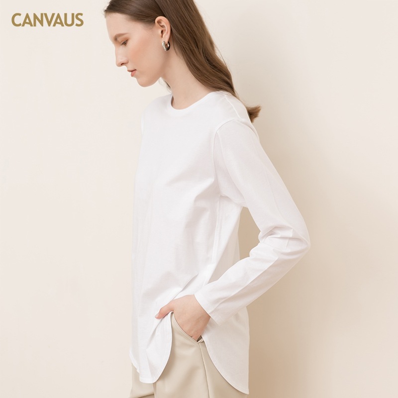 Pure Cotton Long-Sleeved T-Shirt with Round Neck and Split Hem