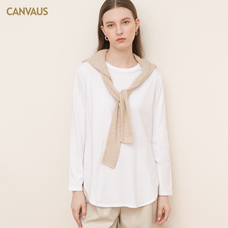 Pure Cotton Long-Sleeved T-Shirt with Round Neck and Split Hem