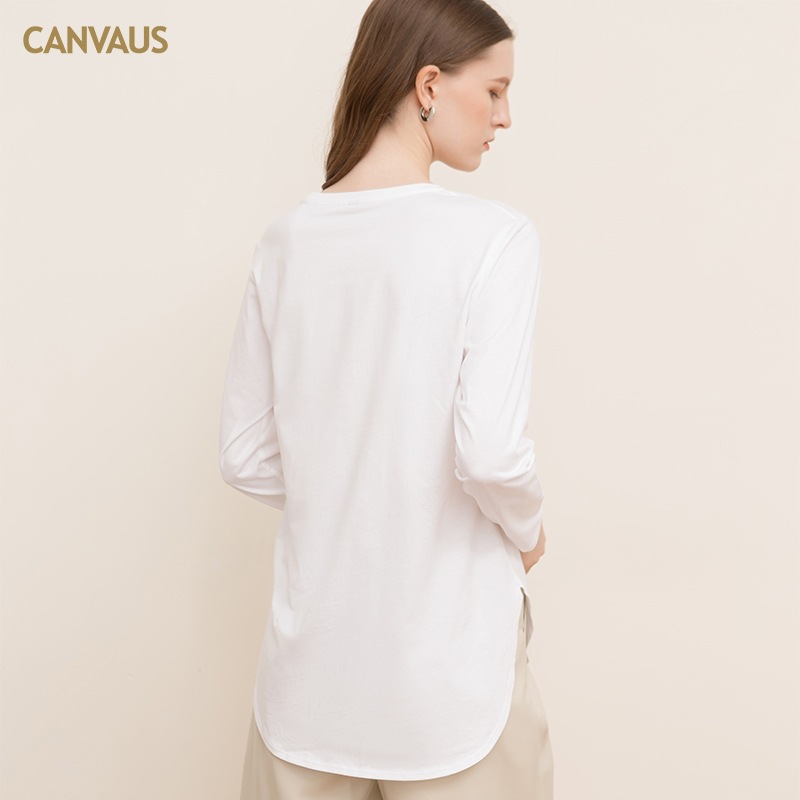 Pure Cotton Long-Sleeved T-Shirt with Round Neck and Split Hem