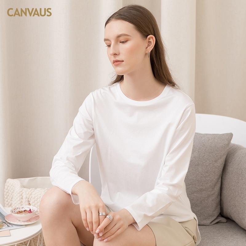 Pure Cotton Long-Sleeved T-Shirt with Round Neck and Split Hem