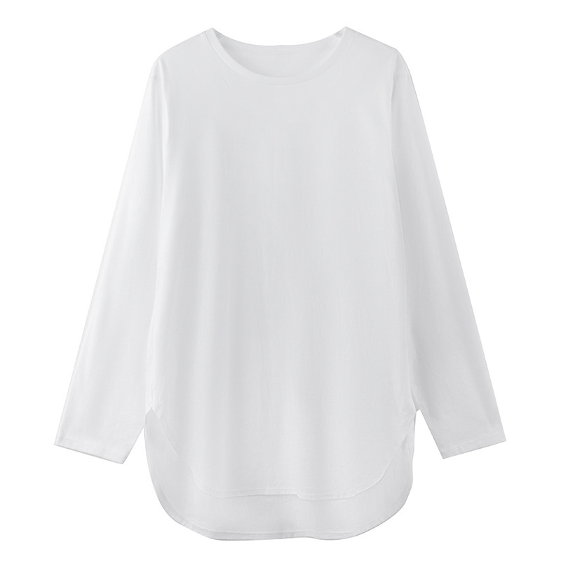 Pure Cotton Long-Sleeved T-Shirt with Round Neck and Split Hem
