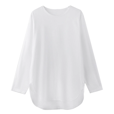 Pure Cotton Long-Sleeved T-Shirt with Round Neck and Split Hem 01