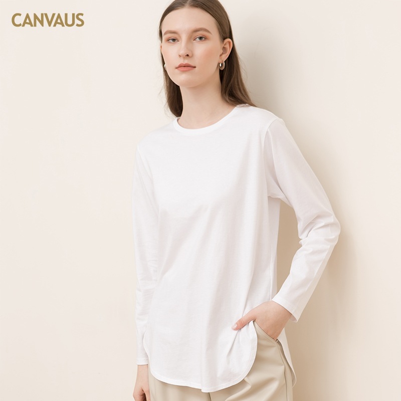 Pure Cotton Long-Sleeved T-Shirt with Round Neck and Split Hem
