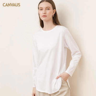 Pure Cotton Long-Sleeved T-Shirt with Round Neck and Split Hem 02