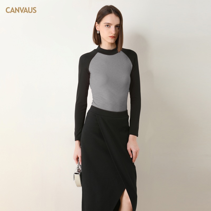 Semi-High-Neck Brushed Long-Sleeved Color-Blocking T-Shirt