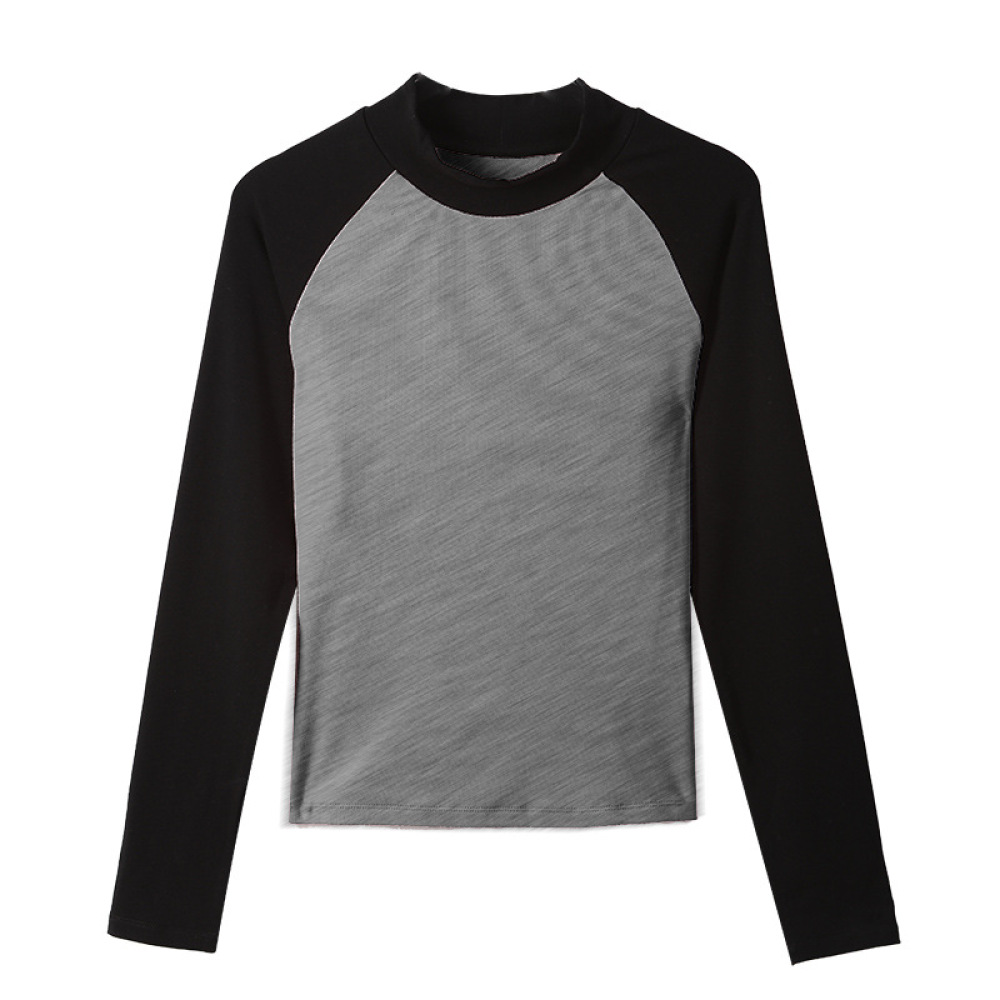 Semi-High-Neck Brushed Long-Sleeved Color-Blocking T-Shirt