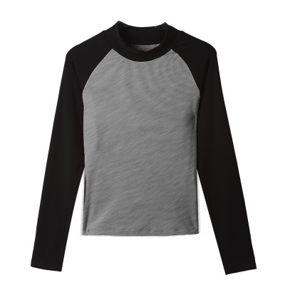 Semi-High-Neck Brushed Long-Sleeved Color-Blocking T-Shirt 01