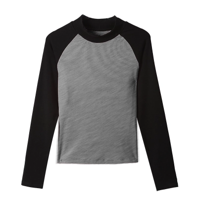 Semi-High-Neck Brushed Long-Sleeved Color-Blocking T-Shirt 01