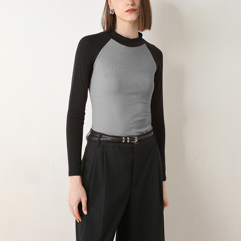 Semi-High-Neck Brushed Long-Sleeved Color-Blocking T-Shirt