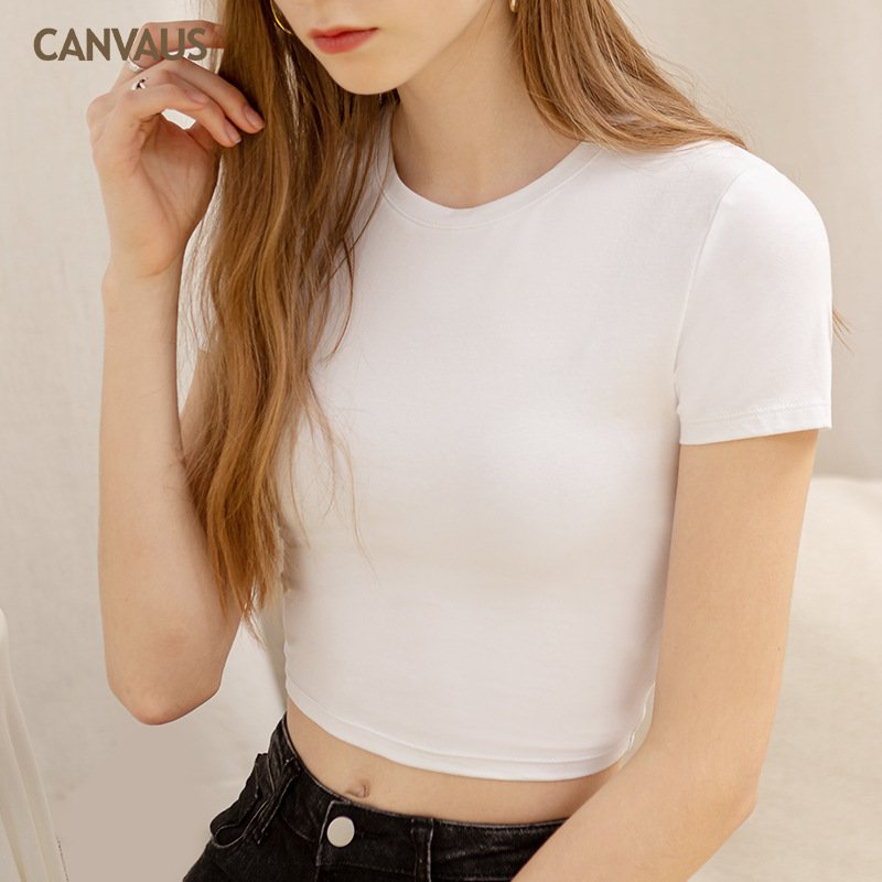 Short Round-Neck Crop Cord Short-Sleeved T-Shirt